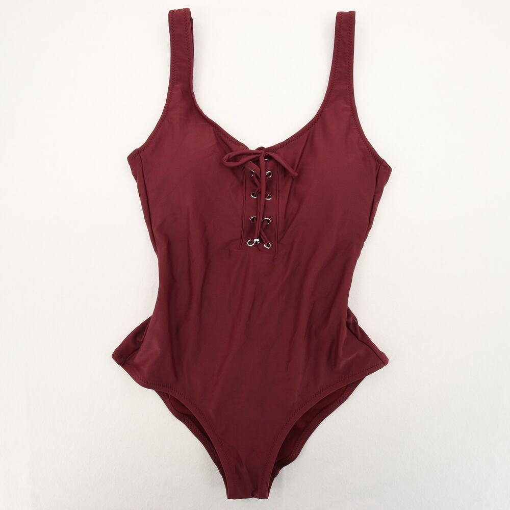Mossimo One Piece Swimsuit Red Burgundy Lace Up Grommet Scoop Neck Tank Straps S